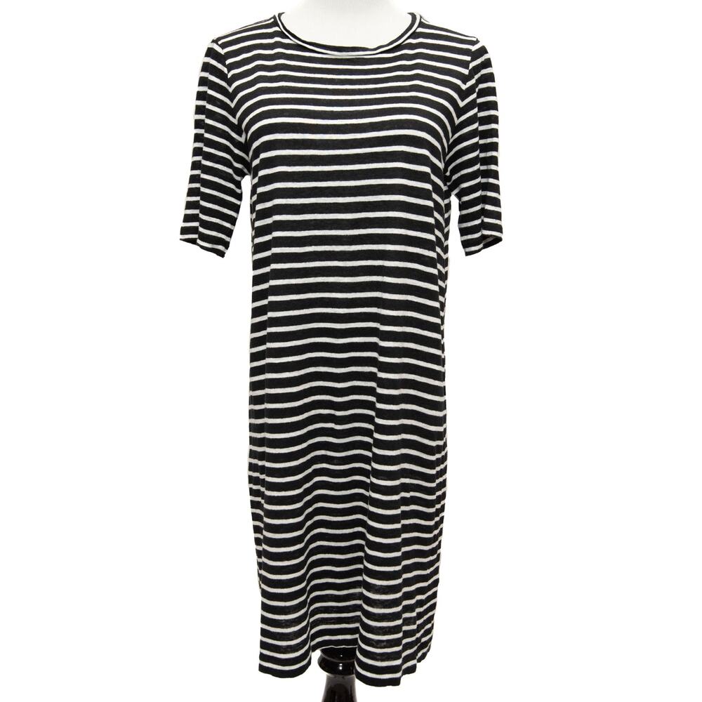 Eileen Fisher Black White Striped Knit Organic Linen Dress Size Small